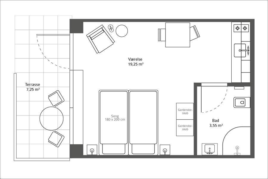 1-værelses lejlighed på 27,5 m² (brutto) beliggende i stuen