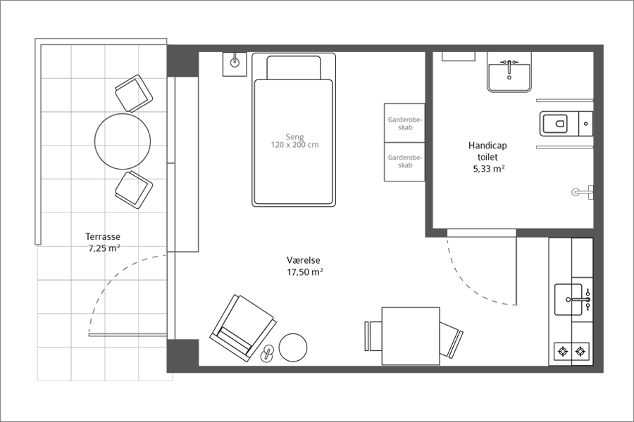 1-værelses lejlighed på 27,5 m² (brutto) beliggende i stuen (Handicapvenlig)